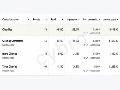Cleaning service paid advertising table showing campaign leads and costs with Cybro branding
